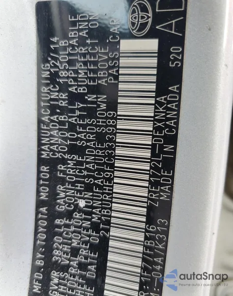 2015 Toyota Corolla L from USA, damaged, VIN 2T1BURHE9FC333989